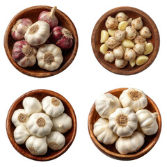 Quatre bols en bois contenant différentes formes d'ail : bulbes entiers, gousses pelées et morceaux hachés.