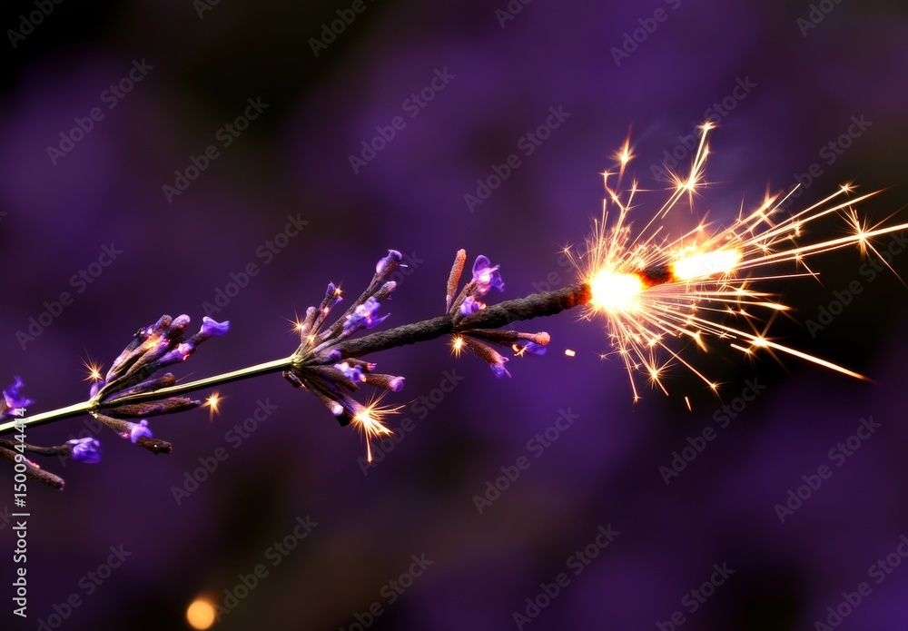 Poster the scene features a dark background with defocused, glowing blue sparks and fire that create a blur