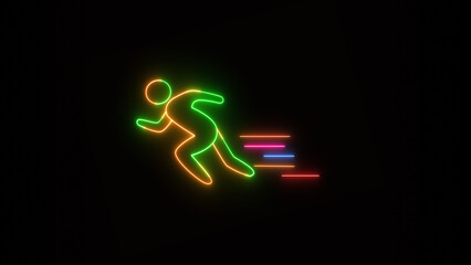 Neon green and yellow color running Icon. Glowing run fast people icon video. Racing people silhouette sign concept. Neon line a man run or racing icon