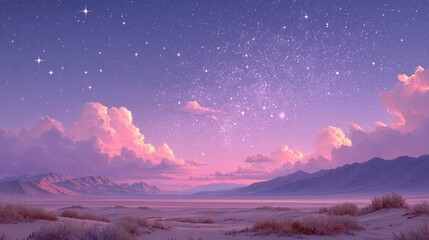 Night sky constellations dreamscape concept. A breathtaking twilight scene with vibrant clouds and a starry sky over a serene landscape.