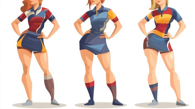 Tres ilustraciones vectoriales de mujeres con uniformes deportivos cortos