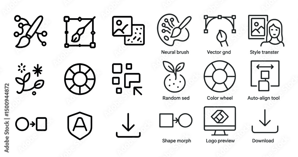Poster design tools linear icons set – outline, vector, creative and art software symbols