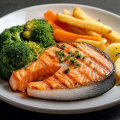 Salmon steak, one portion serving with vegetables