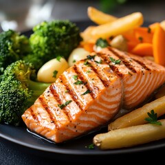 Salmon steak, one portion serving with vegetables