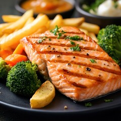 Salmon steak, one portion serving with vegetables