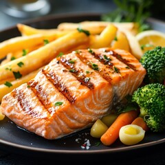 Salmon steak, one portion serving with vegetables