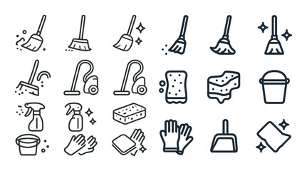 Obraz premium Cleaning tools outline icons set – linear, line, housekeeping and sanitation symbols
