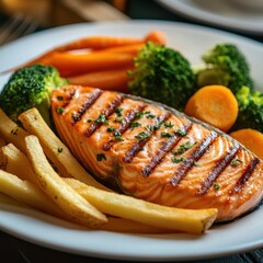 Salmon steak, one portion serving with vegetables