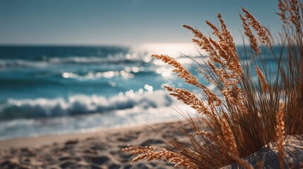 Coastal beach scene with golden sea grass swaying in the breeze under warm sunlight with waves sparkling in the background, ideal for summer travel visuals and nature blogs