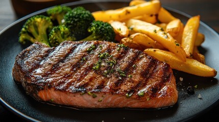 Salmon steak, one portion serving with vegetables