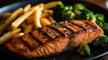 Salmon steak, one portion serving with vegetables