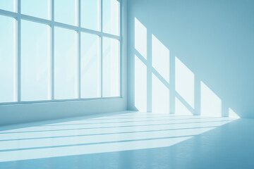 Obraz premium Minimalist studio interior with powder blue textured wall and diagonal sunlight casting shadows on white reflective floor