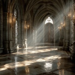 Obraz premium Sunlight streams into an old gothic hallway with arches and marble floor.