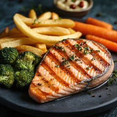 Salmon steak, one portion serving with vegetables