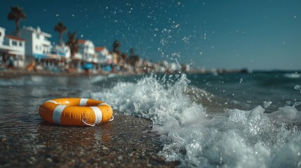 Obraz premium Orange lifebuoy lying on the wet shoreline with foamy sea waves splashing nearby, Mediterranean town in background, ideal for travel visuals, beach safety themes and coastal tourism
