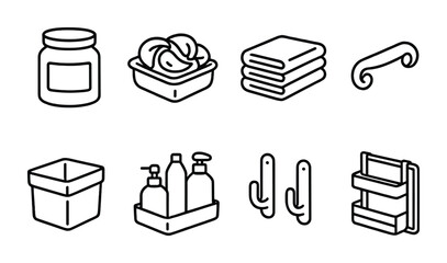 Minimalist bathroom accessories in black and white icon set
