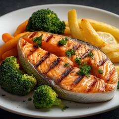 Salmon steak, one portion serving with vegetables
