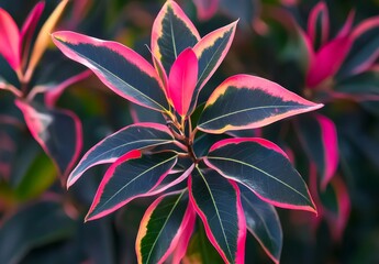 The background features a colorful texture of cannifolium leaves and tropical spathiphyllum, showcasing an abstract and beautiful blossom with bright colors symbolizing spring, love, and clean beauty