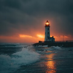 Obraz premium A white lighthouse stands tall against dramatic stormy sky at orange sunset