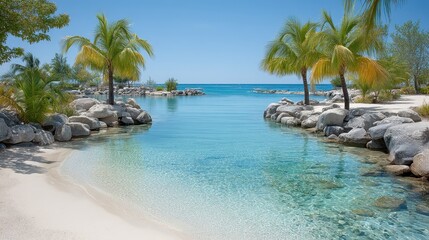 Fototapeta premium Tropical beach paradise with clear turquoise water and palm trees abound