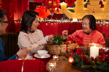 Smiling family celebrating Chinese New Year in restaurant
