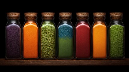 Colorful Potions in Glass Jars: A captivating array of vibrant liquids in glass jars, each displaying a unique hue, sits on a wooden shelf with a deep background.