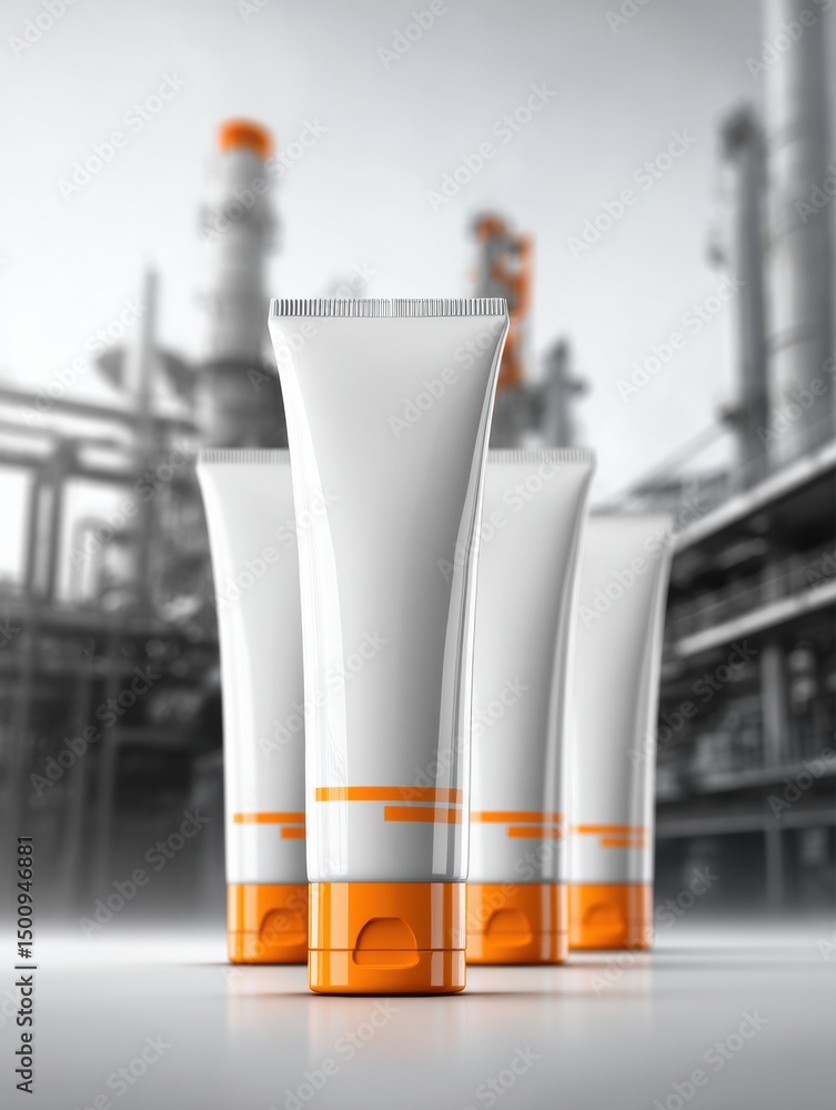 Poster modern sealant tubes arranged neatly in a neutral industrial setting showcasing innovative packaging