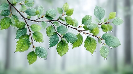 Fresh green leaves glisten with water droplets on a tree branch outside.