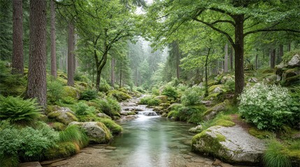 Obraz premium A stream flows through the lush green forest in a peaceful, natural scene.