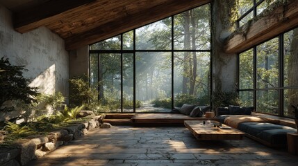 Naklejka premium A sunlit modern living space merges seamlessly with nature through large .