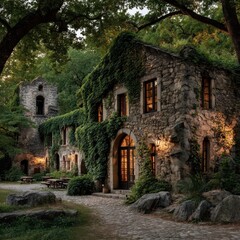 Fototapeta premium Ivy covered stone cottage stands serenely amid a vibrant green forest scene.