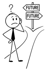 Stick figure businessman at crossroads deciding future path. Vector cartoon illustration of life choices and decision-making.