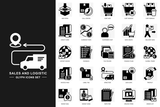 Sales and logistic glyph icons set. contain credit card, delivery man, data graph, online store, feedback and more. use for modern concept, print, UI, UX kit, web and app development. Vector EPS 10