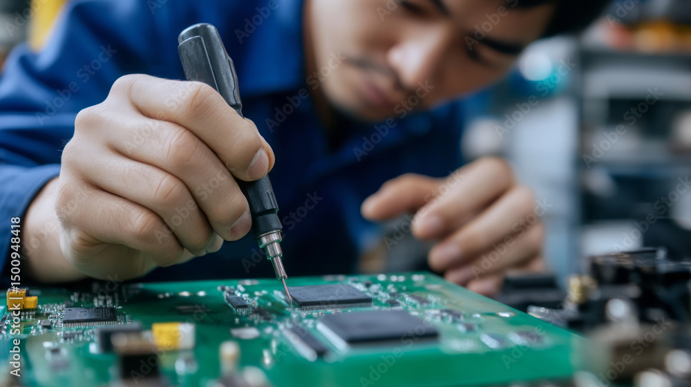 Poster skilled technician soldering electronic components on circuit board in workshop setting