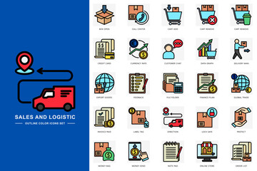 Sales and logistic colored icons set. contain credit card, delivery man, data graph, online store, feedback and more. use for modern concept, print, UI, UX kit, web and app development. Vector EPS 10