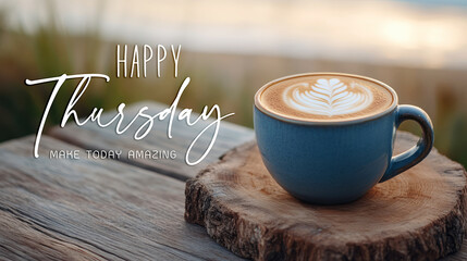 Happy Thursday Morning Coffee with Latte Art Over Rustic Wooden Table Background