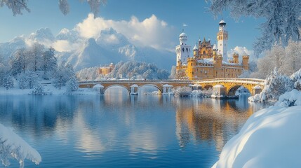 Snowy castle scene featuring a bridge over reflective water, with mountains beyond