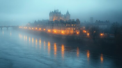 Naklejka premium Fog-shrouded castle lights glow across calm water; architecture reflected in river