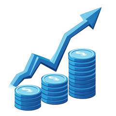 A vibrant blue upward-trending arrow overlays three stacks of coins of increasing height, symbolizing financial growth and prosperity