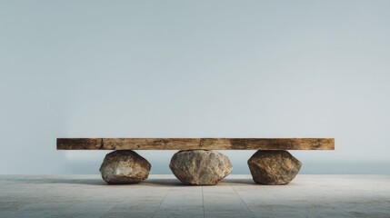 Wooden plank resting on rocks, minimalist design with balance and serenity