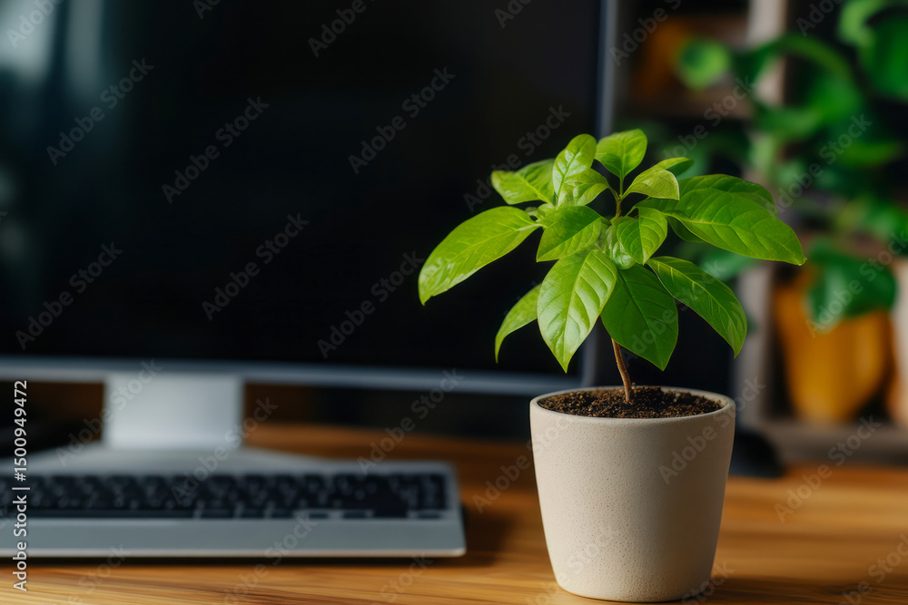 Poster green plant in cream pot on desk near computer display and keyboard in modern workspace