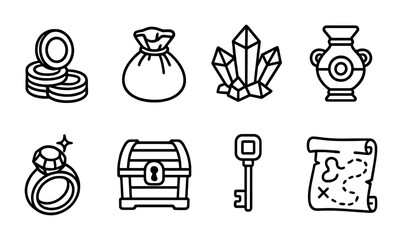 Treasure hunt icons set featuring coins, map, and key for adventure themes