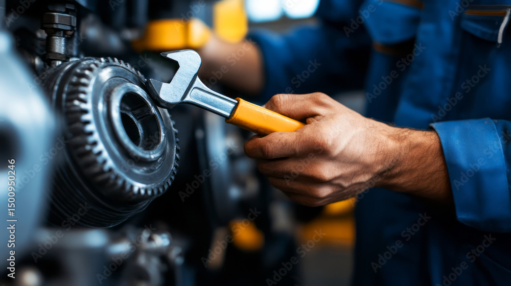 Poster mechanic working on engine with wrench in automotive workshop setting focused on repair task