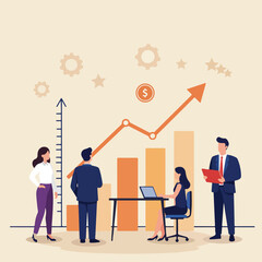 An illustration features a business team standing around a growing bar graph with an ascending arrow, suggesting success, investment, and financial growth.