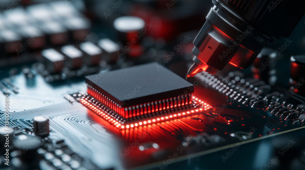 Aufkleber close-up view of microchip with red lights and circuit board in electronic technology concepts