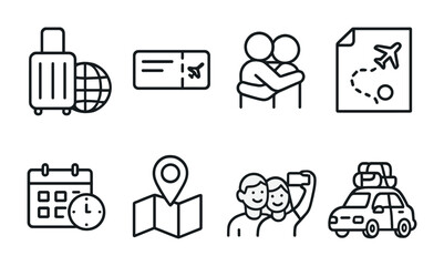 Travel and adventure icons: luggage, tickets, maps and more for journey planning