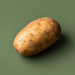 Whole russet potato on a solid olive green background.