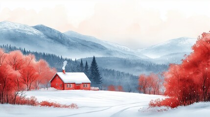 A painting of a snowy landscape with a hut in the middle of a valley surrounded by trees and mountains.