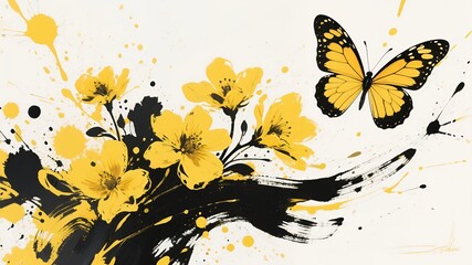 Obraz premium Elegant Butterfly with Floral and Ink Splash Elements