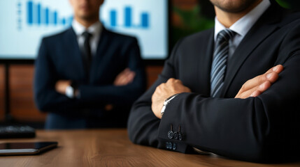 Two Businessmen in Suits Discussing Financial Growth Strategies in Modern Office Setting